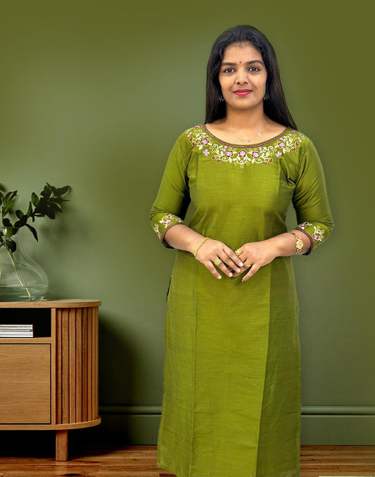 210224 DESIGNER EMBROIDERY KURTI (Pre-Booking 25 days delay) - Olive Green