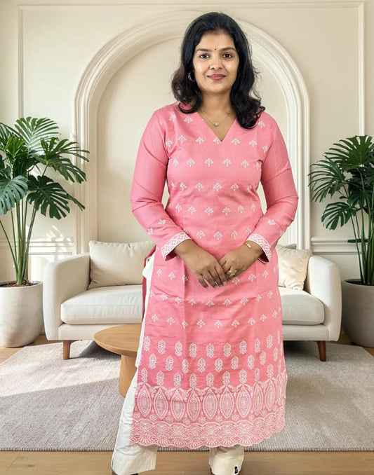 EMBROIDERY KURTI PEACHES PINK E7335 250926EK - ELENTRA DESIGNS BY NIMI HEINS