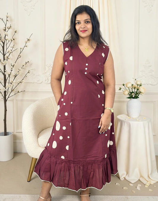 FROCK PATTERN DRESS BURGUNDY E7396 141026FP