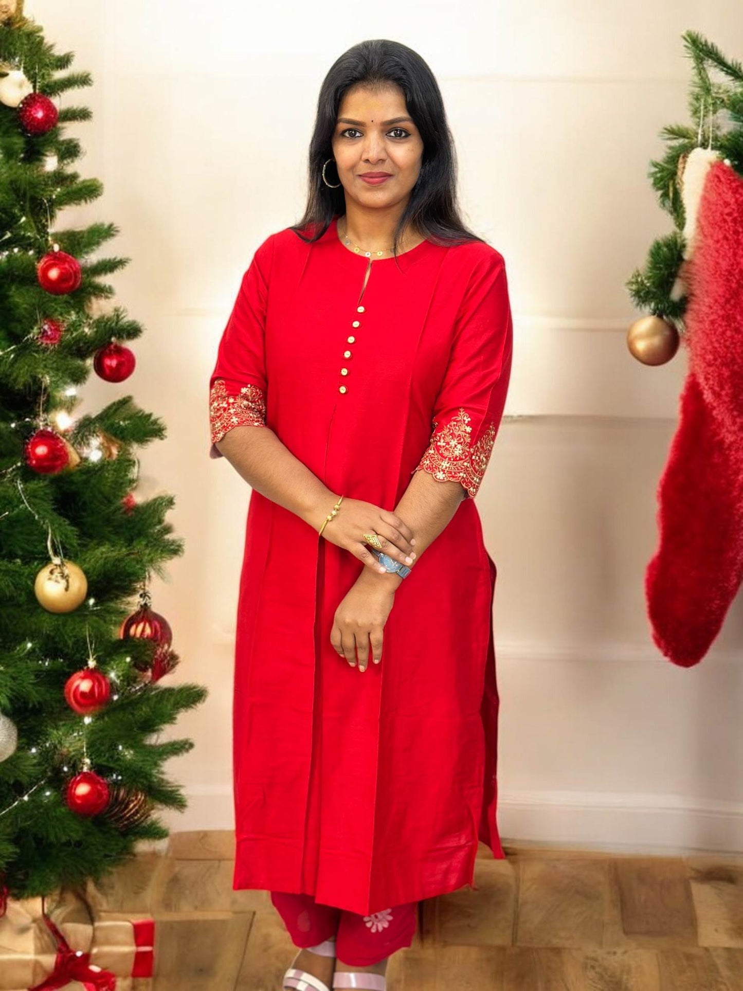 171224C (E4416) CHRISTMAS SPECIAL KURTI - Red (Sleeve Embroidery)