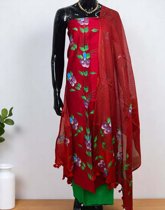 SALWAR SUITS UN-STITCHED HAND PAINTED-REDDISH MAROON E3040 250525ML - ELENTRA DESIGNS BY NIMI HEINS