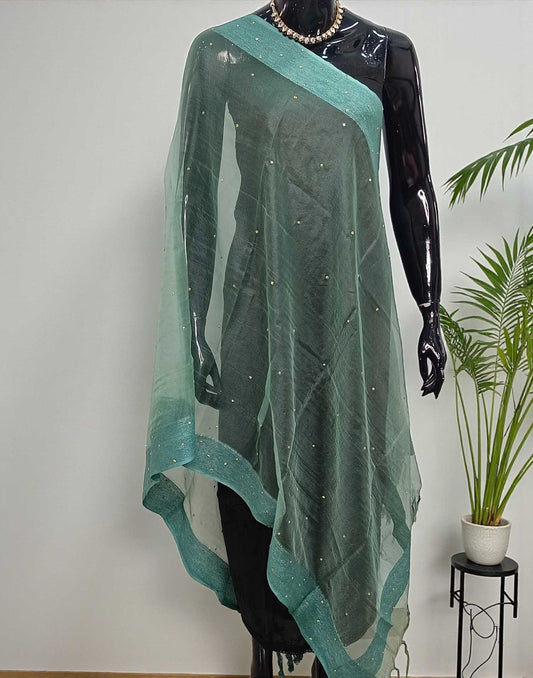 SOFT ORGANZA DUPATTA METALIC GREEN E6460 260126D - ELENTRA DESIGNS BY NIMI HEINS