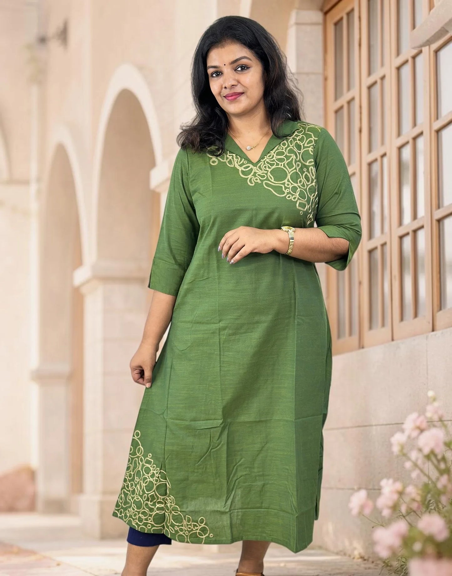 KURTIS A-LINE DESIGNER EMBROIDERY GREEN E7190 090826EK