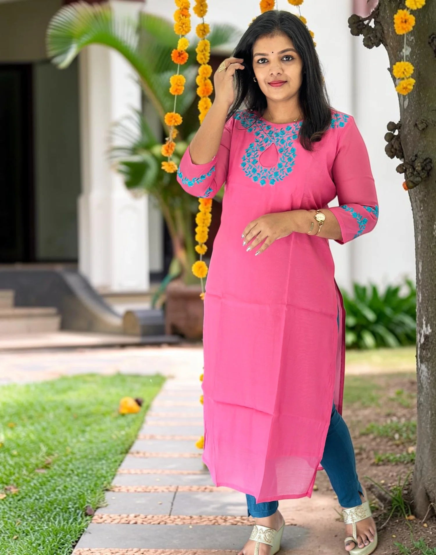 KURTIS DESIGNER EMBROIDERY LOTUS PINK E7194-E7195 090826EK - ELENTRA DESIGNS BY NIMI HEINS