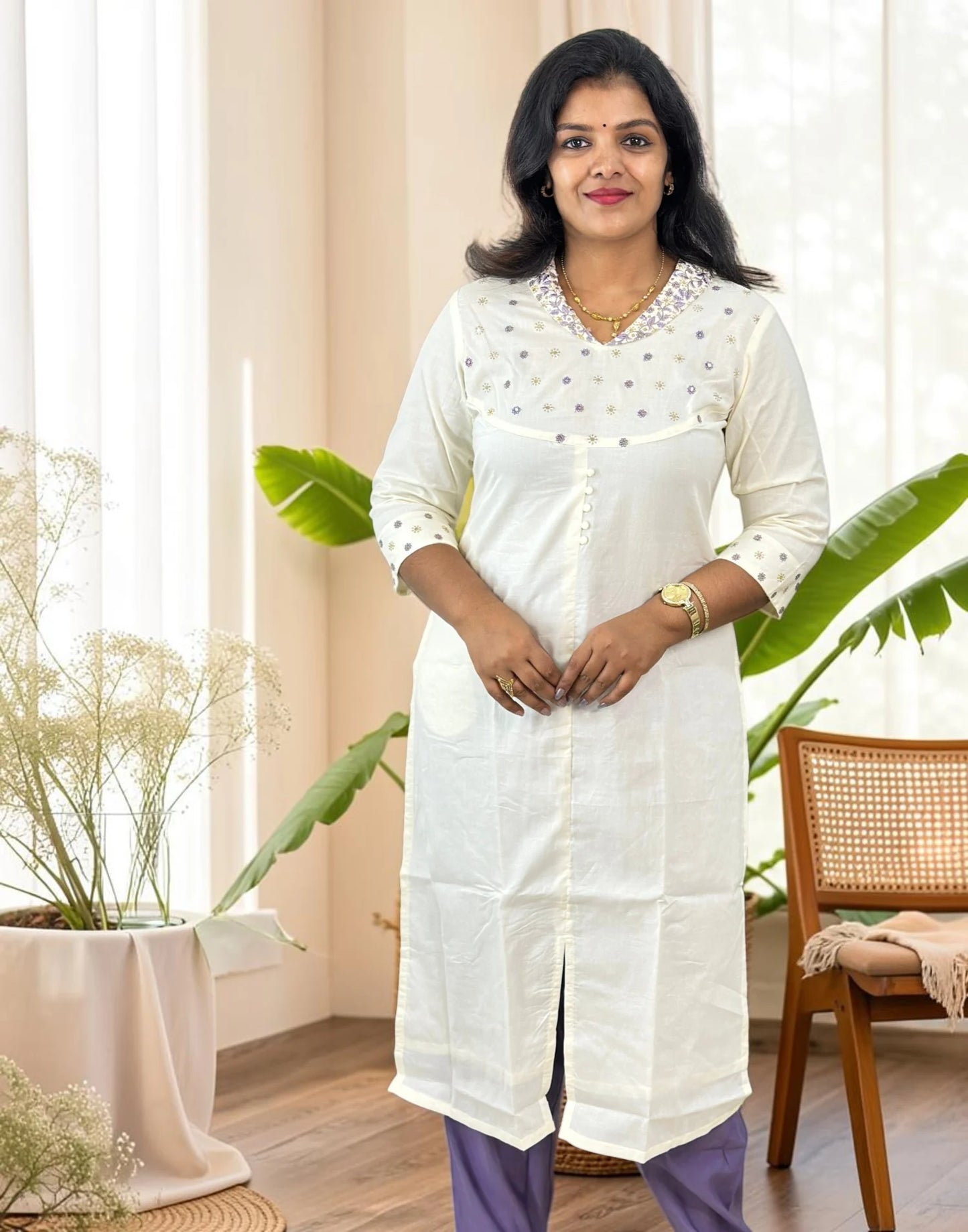 KURTIS DESIGNER EMBROIDERY OFF WHITE n LAVENDER E7235 190826EK - ELENTRA DESIGNS BY NIMI HEINS