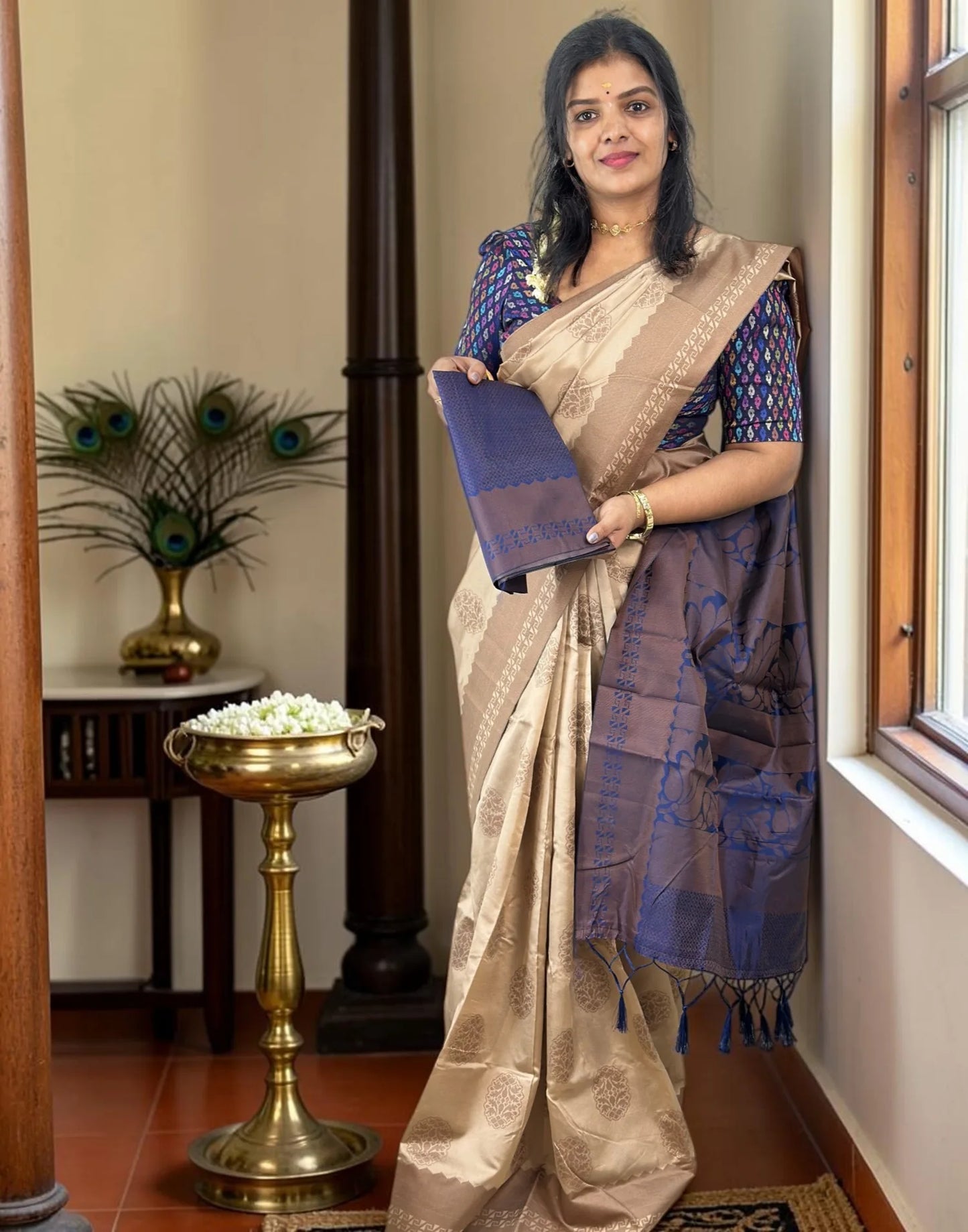 SAREE SOFT SILK CHIKKU n DARK BLUE E7242 180826S