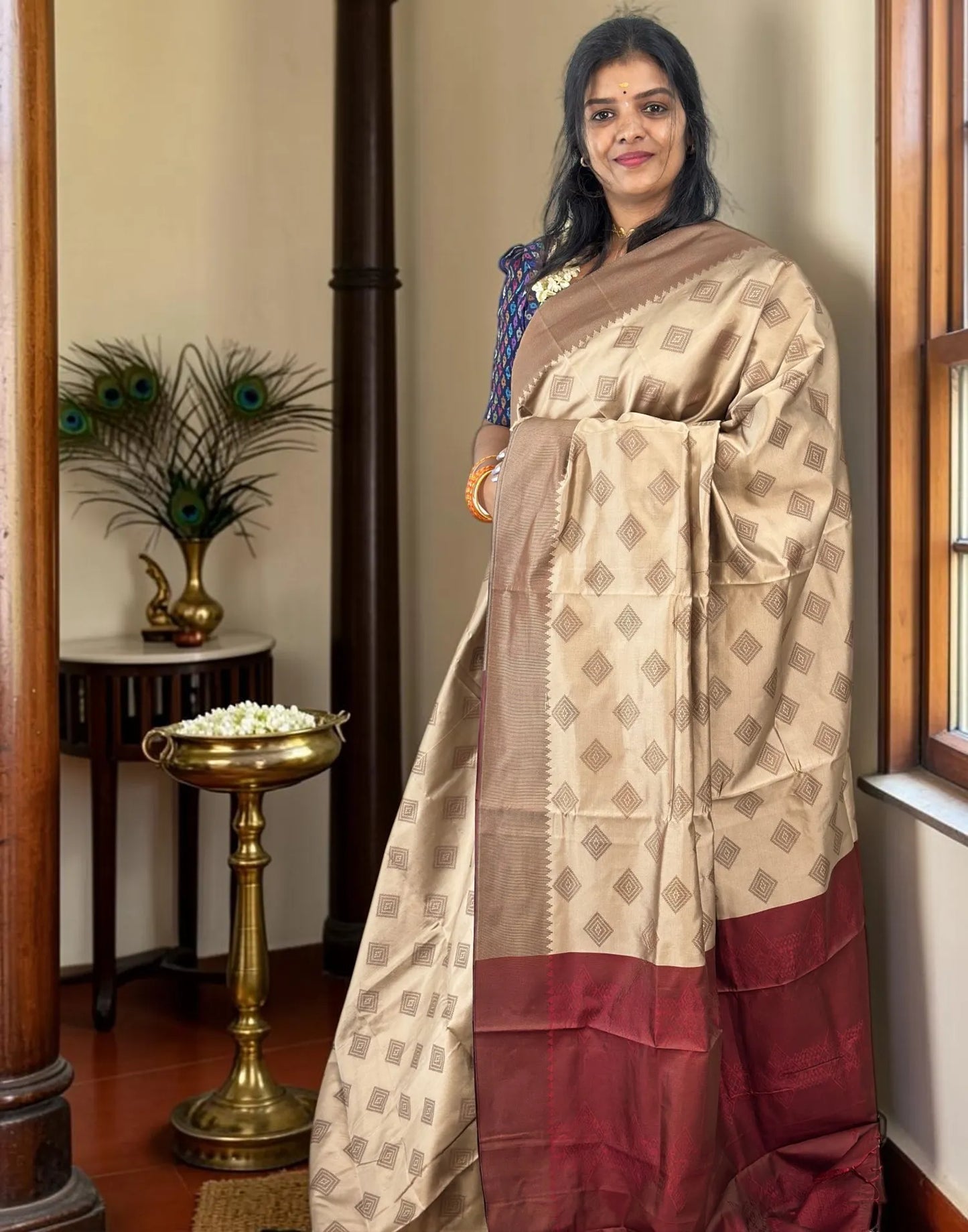 SAREE SOFT SILK CHIKKU n MAROON E7242 180826S