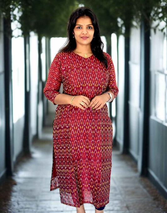 150525K (E6090) IKKAT SLITTED KURTI - Maroon