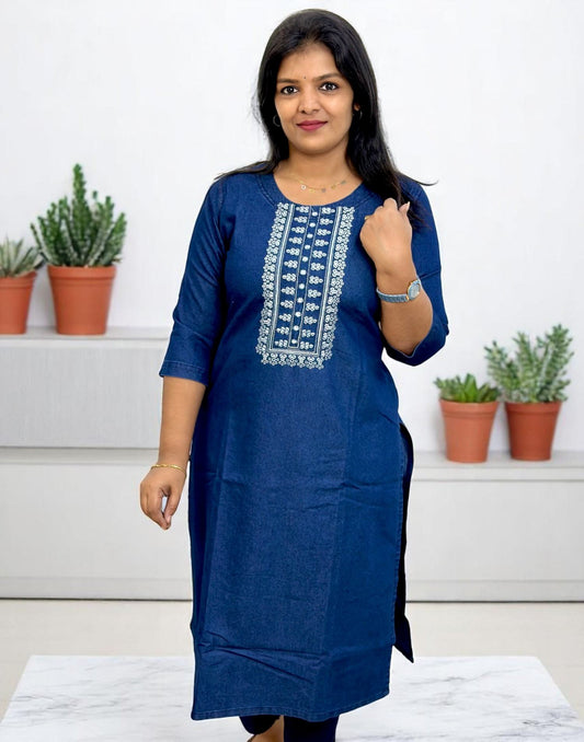 240525Q (E6111) DENIM KURTI - Round Neck