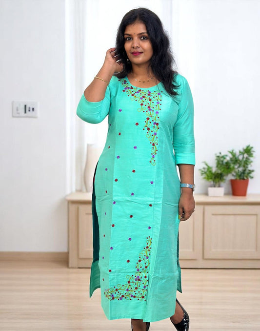290525A (E6123-E6124) DESIGNER EMBROIDERY KURTI - Mint Green