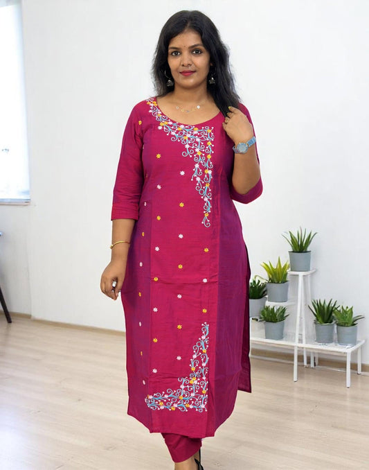 290525A (E6123-E6124) DESIGNER EMBROIDERY KURTI - Wine