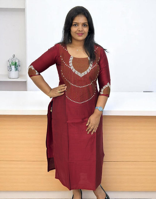 070625EK (E6168-E6169) DESIGNER EMBROIDERY KURTI - Deep Maroon