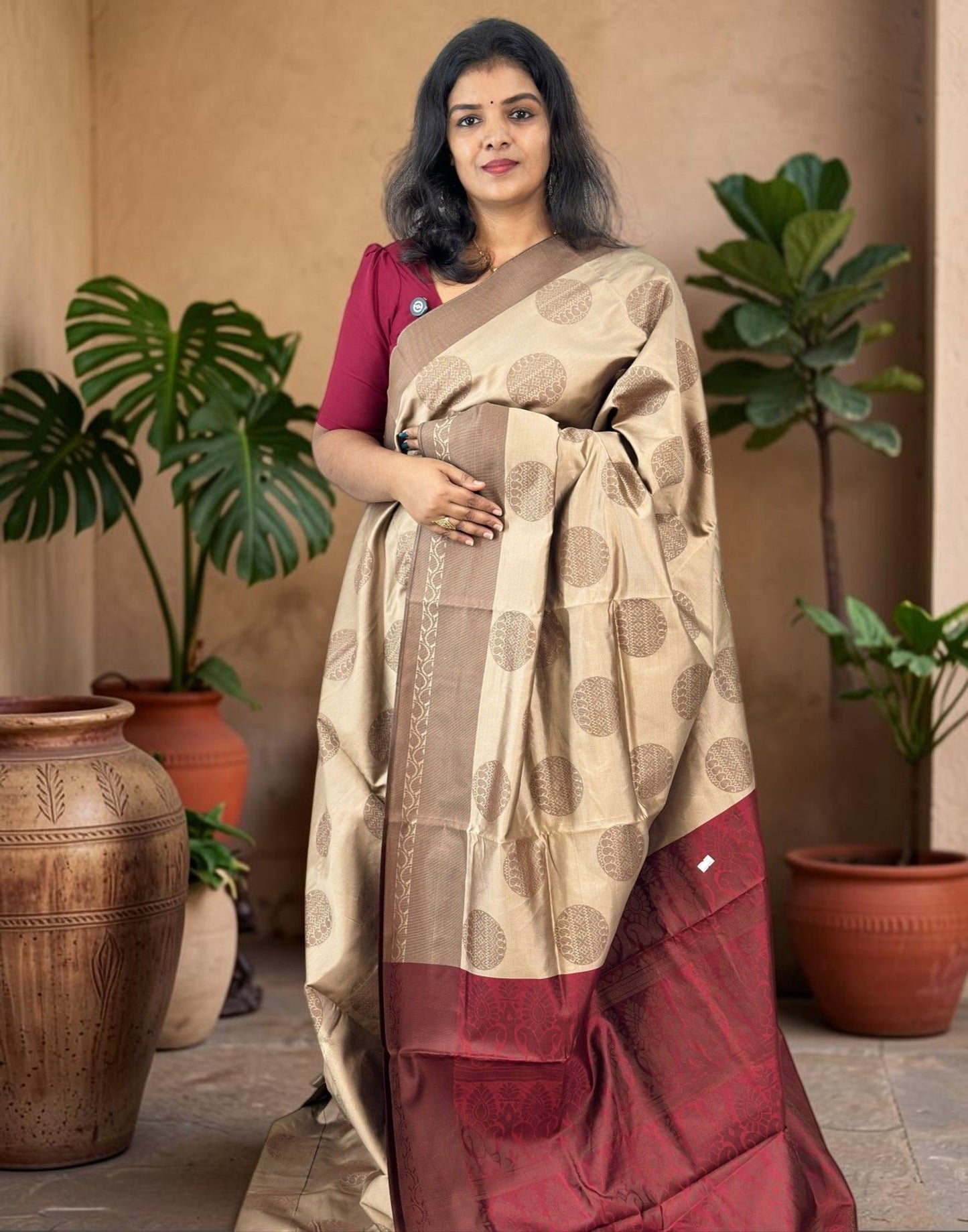 SAREE SOFT SILK CHIKKU n MAROON E7242 030926S