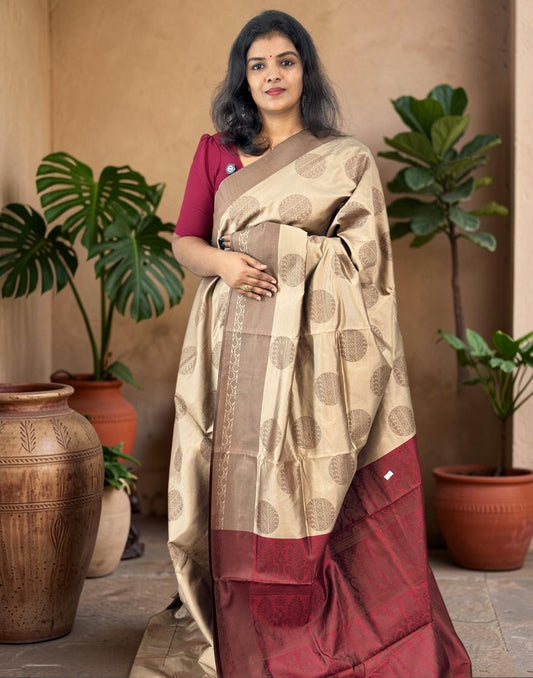 SAREE SOFT SILK CHIKKU n MAROON E7242 030926S