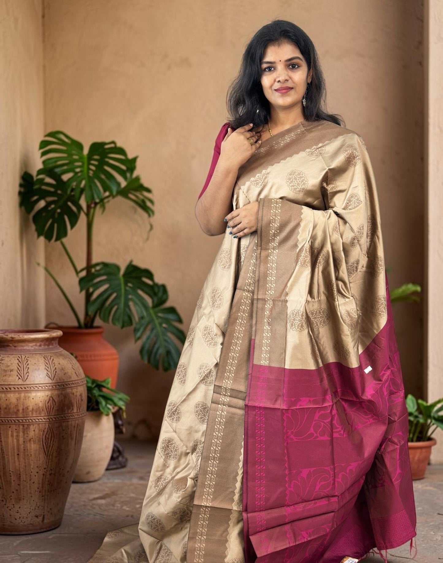 SAREE SOFT SILK CHIKKU n FUCHSIA PINK E7242 030926S