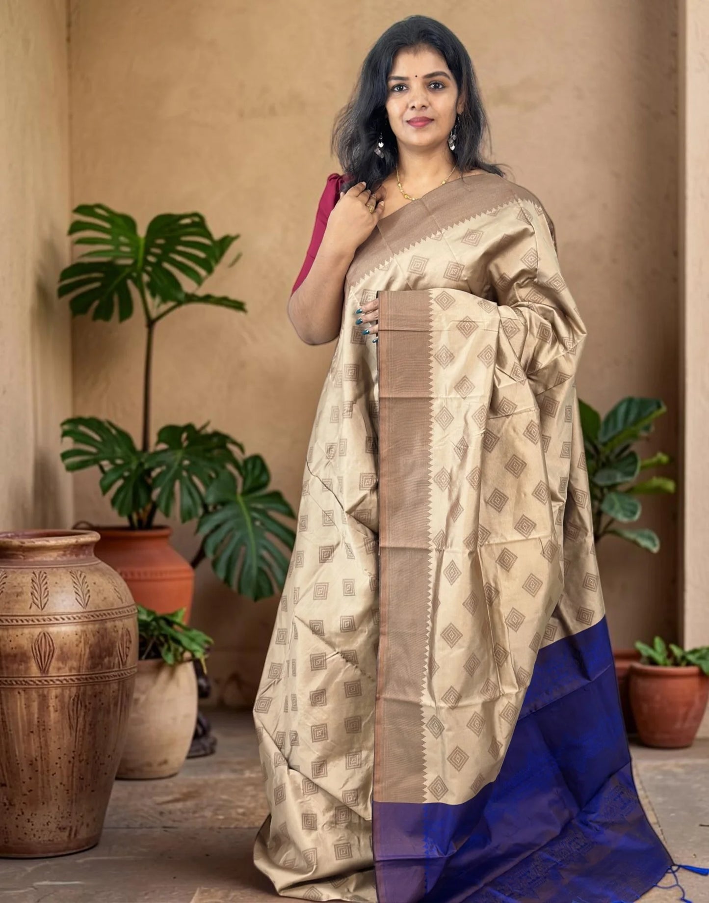 SAREE SOFT SILK CHIKKU n ELECTRIC BLUE E7242 030926S