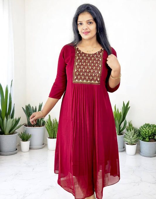 130625EK (E6198) GEORGETTE A-LINE KURTI - Maroon