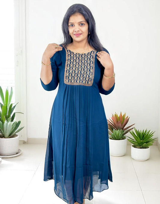 130625EK (E6198) GEORGETTE A-LINE KURTI - Peacock Blue