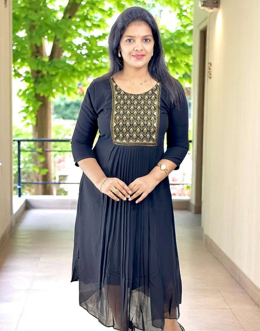 130625EK (E6198) GEORGETTE A-LINE KURTI - Black