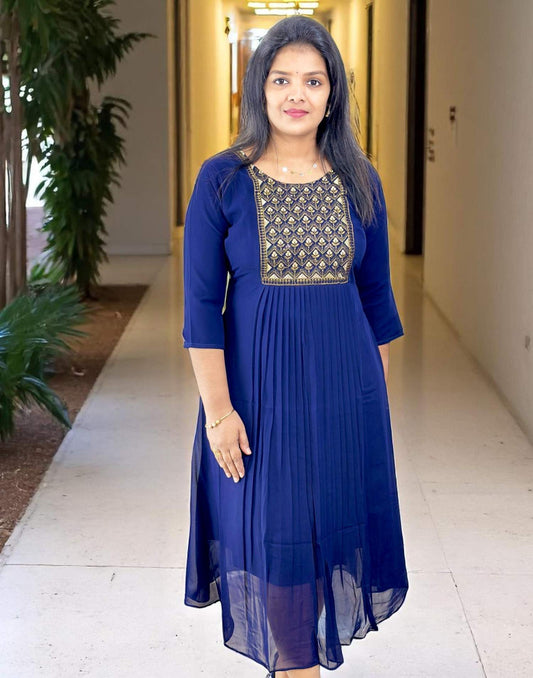 130625EK (E6198) GEORGETTE A-LINE KURTI - Dark Blue