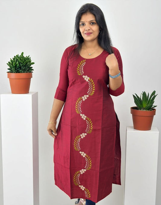 240625EK (E6214-E6215) DESIGNER EMBROIDERY KURTI - Deep Maroon