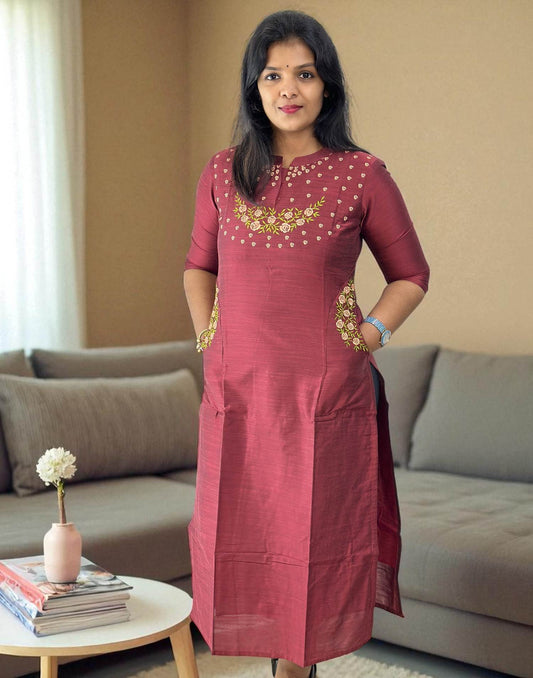 070725EK (E6035 - E6036) DESIGNER EMBROIDERY KURTI - Burgundy Maroon
