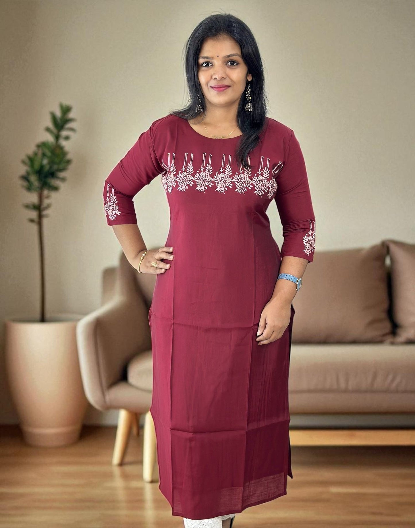080725EK (E6234) DESIGNER EMBROIDERY KURTI - Maroon