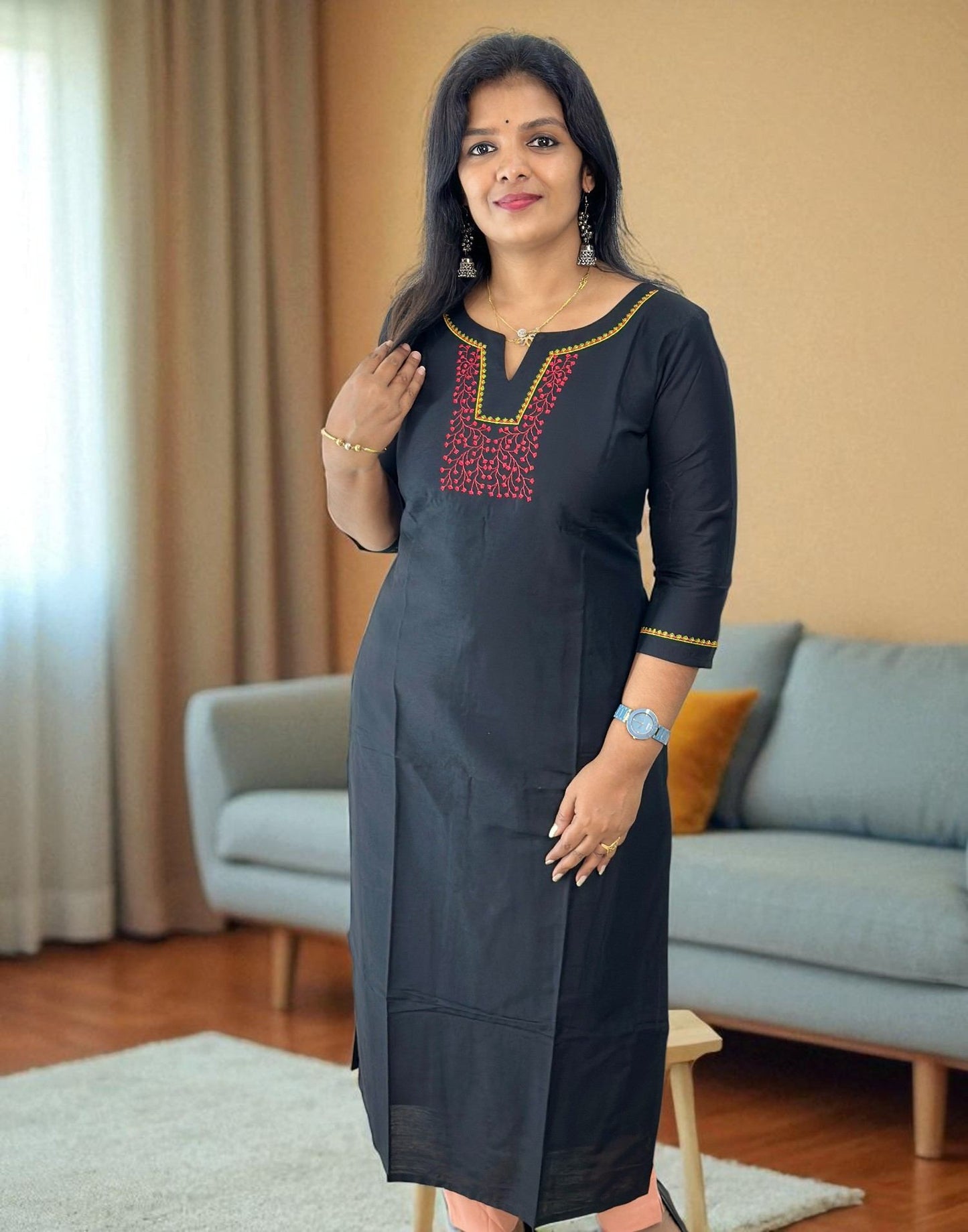 160725EK - DESIGNER EMBROIDERY KURTI - Black