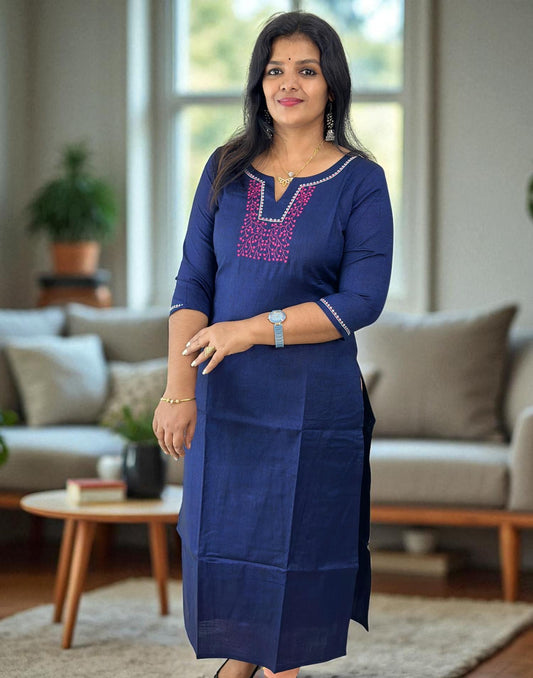 160725EK - DESIGNER EMBROIDERY KURTI - Dark Blue