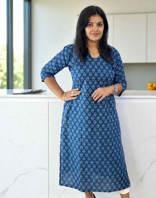 200725CK (E6239) CASUAL SLITED KURTI - Indigo Blue 1