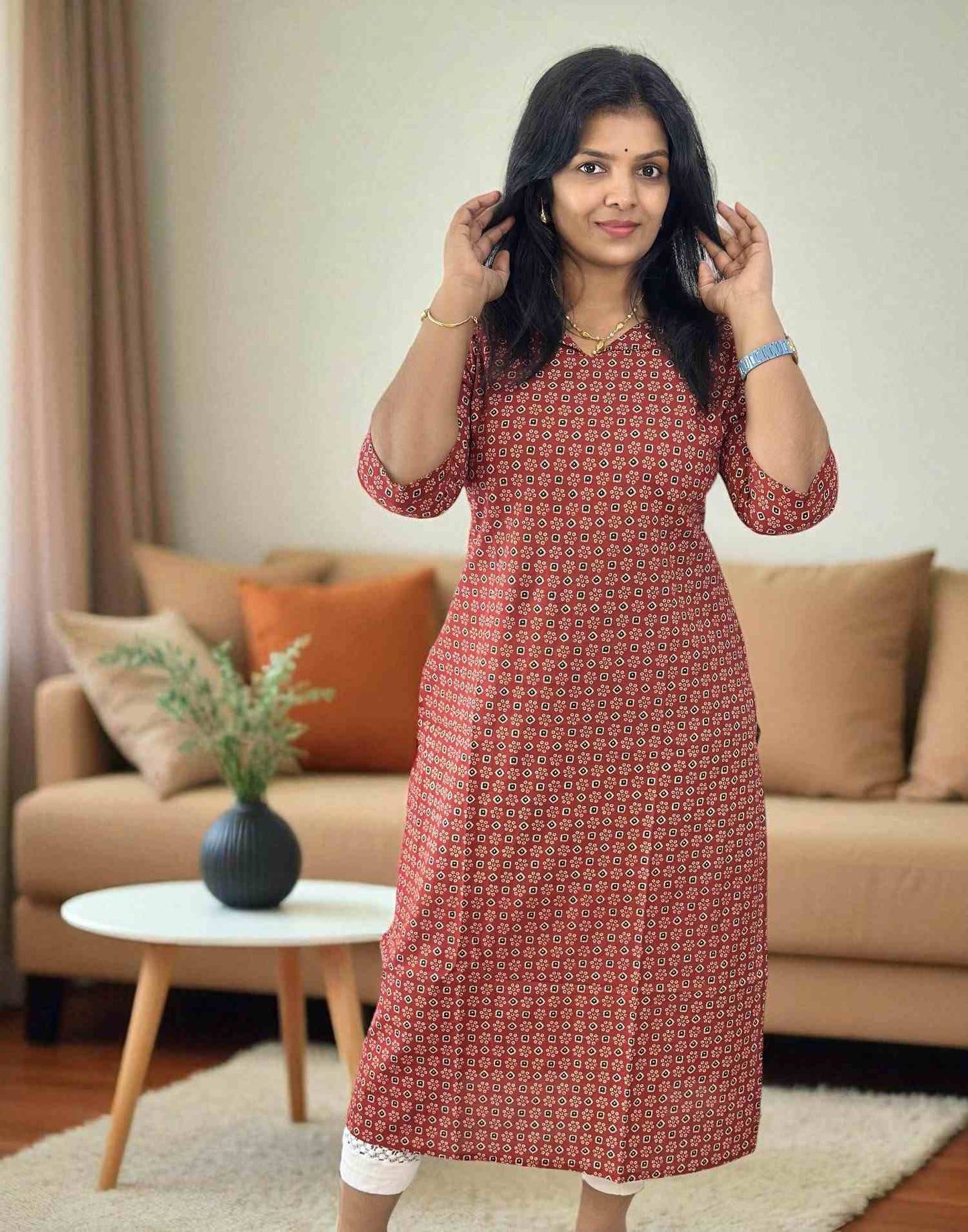200725CK (E6239) CASUAL SLITED KURTI - Brick