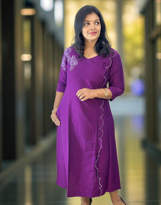 280725EK (E6264) - EMBROIDERY A-LINE KURTI - Purple