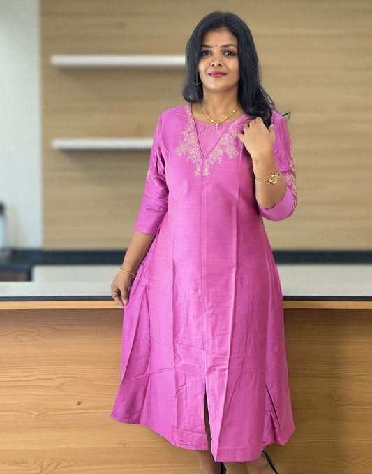 280725EK (E6264) - EMBROIDERY A-LINE KURTI - Onion Pink