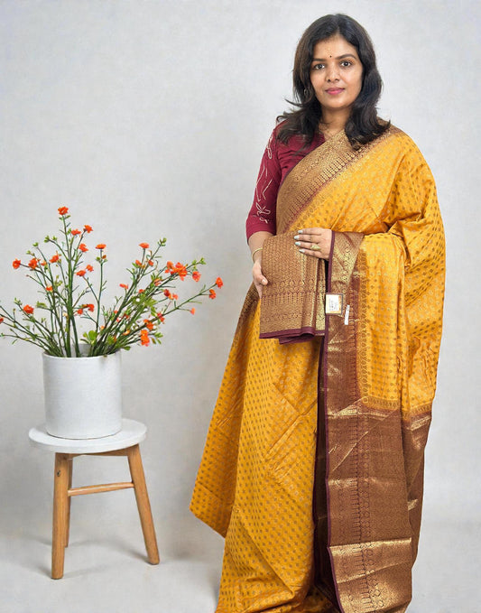 030126S (E6514) SEMI BANARASI SAREE - Yellow n Maroon
