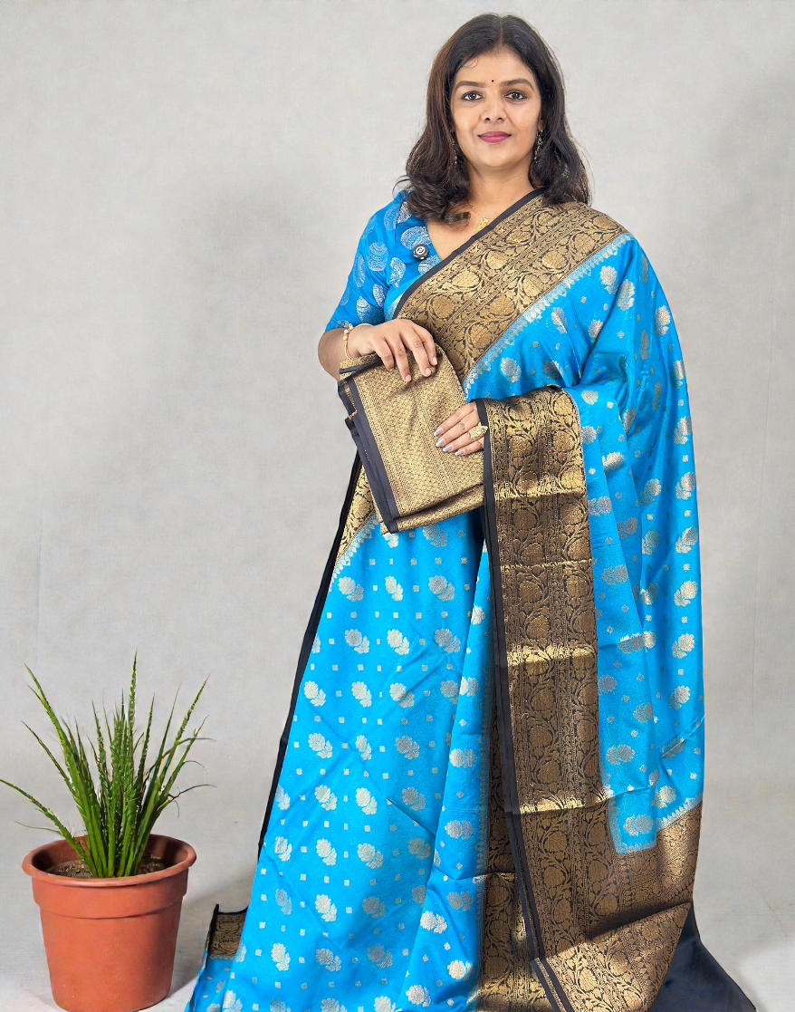080126S (E6693) SAREE - Kingfisher Blue n Black