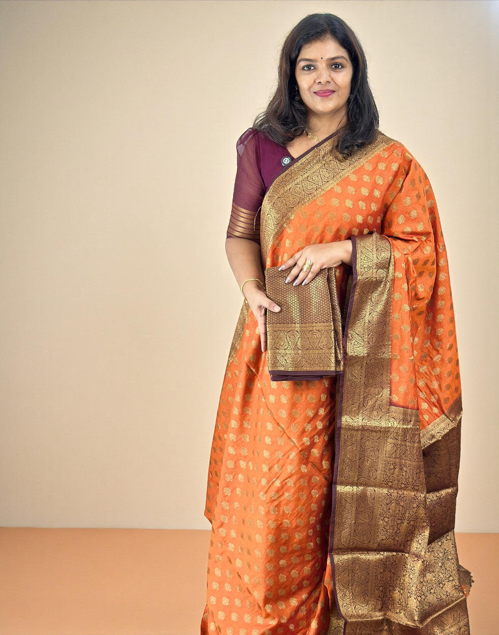 080126S (E6603) SEMI BANARASI SAREE - Burned Orange n Burgandy Maroon