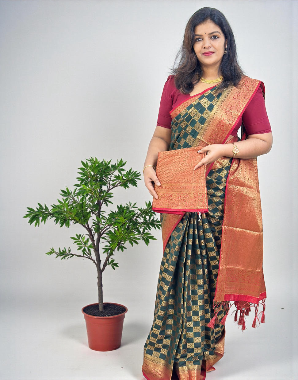 110126S (E6698) SEMI BANARASI SAREE - Dark Green n Red - ELENTRA DESIGNS BY NIMI HEINS