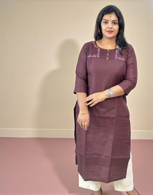 EMBROIDERY KURTI DARK BROWN E6730 220126EK - ELENTRA DESIGNS BY NIMI HEINS
