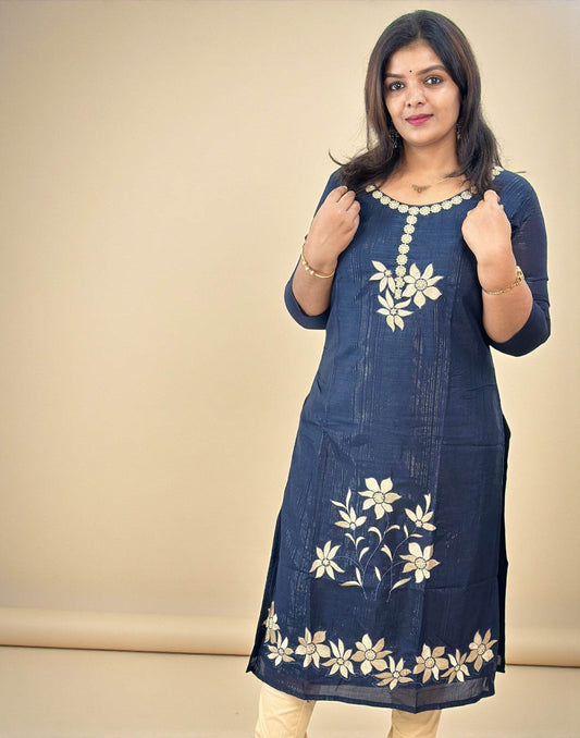 EMBROIDERY KURTI DARK BLUE E6740 240126EK - ELENTRA DESIGNS BY NIMI HEINS