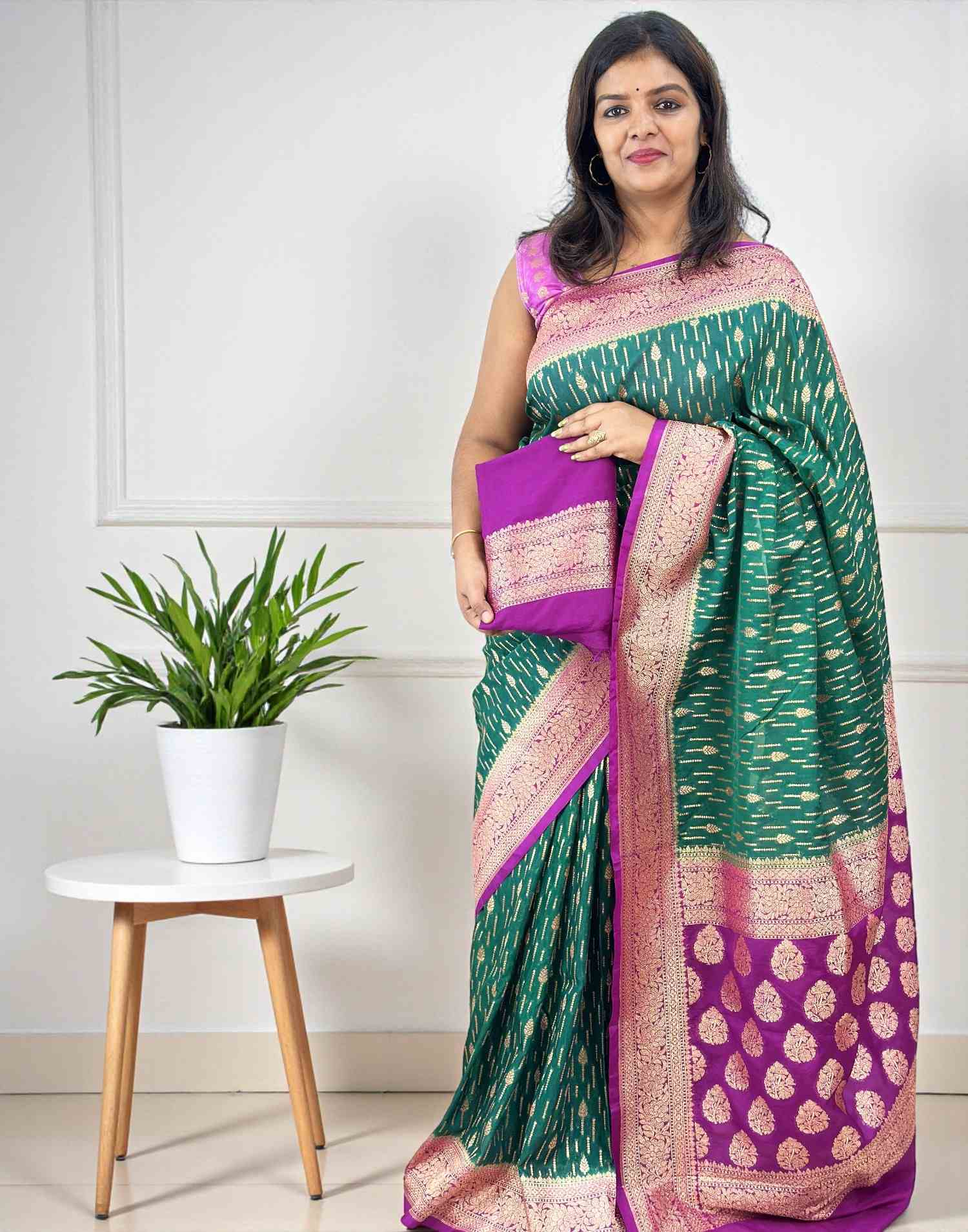 DYEABLE KATAN SAREE DARK GREEN n VADAMULLA  E6696 250126S - ELENTRA DESIGNS BY NIMI HEINS