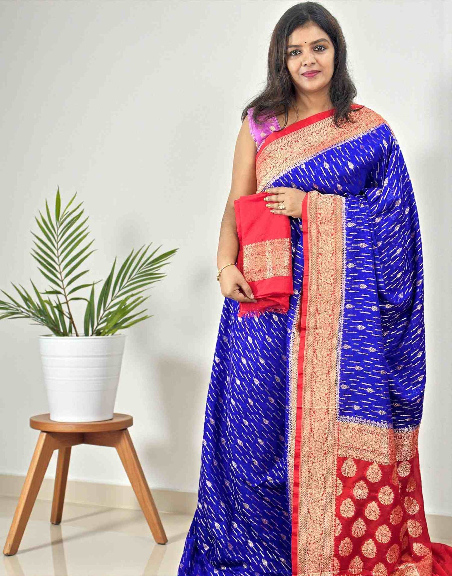 DYEABLE KATAN SAREE DARK ELECTRIC BLUE n RED  E6696 250126S - ELENTRA DESIGNS BY NIMI HEINS