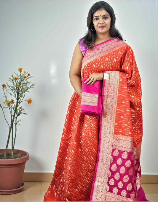 DYEABLE KATAN SAREE ORANGE n PINK E6696 250126S - ELENTRA DESIGNS BY NIMI HEINS