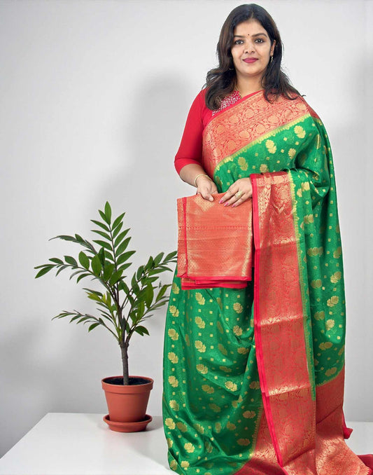 SOFT BANARASI SAREE GREEN n RED 290126S - ELENTRA DESIGNS BY NIMI HEINS