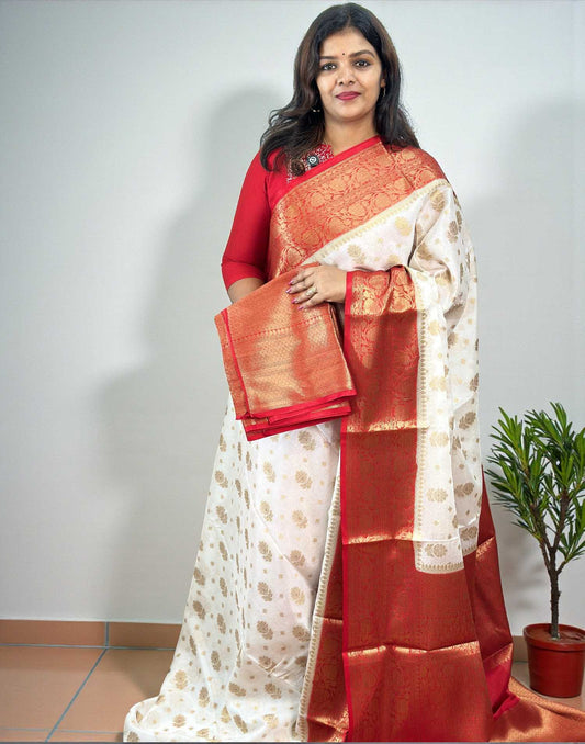 SOFT BANARASI SAREE WHITE n RED 290126S - ELENTRA DESIGNS BY NIMI HEINS