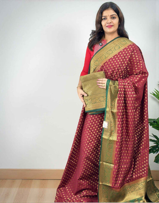 SEMI BANARASI SAREE BURGANDY MAROON n GREEN E6514 290126S - ELENTRA DESIGNS BY NIMI HEINS