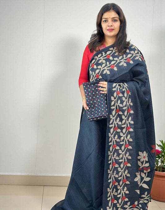 Semi Jute Green Silk Saree Black E6707 160126S - ELENTRA DESIGNS BY NIMI HEINS