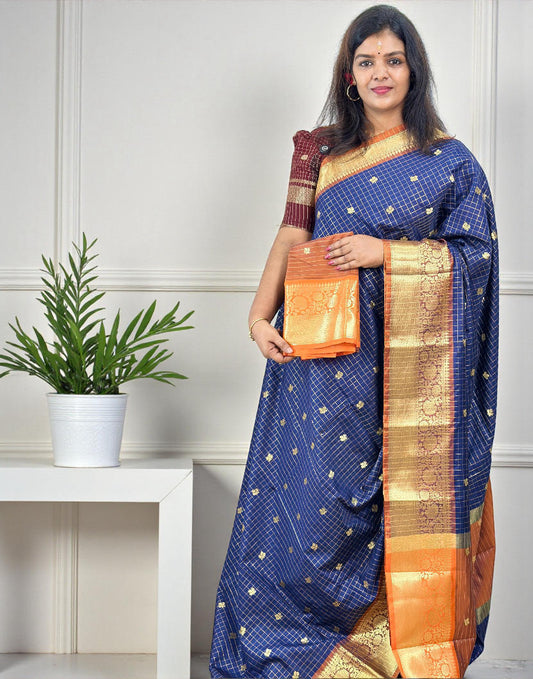 SOFT SILK SAREE DARK BLUE E6747 010226S - ELENTRA DESIGNS BY NIMI HEINS