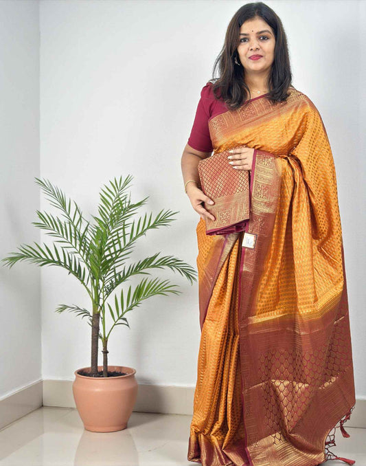 SAREE SEMI BANARASI YELLOWISH ORANGE n MAROONE E6749 040226S - ELENTRA DESIGNS BY NIMI HEINS