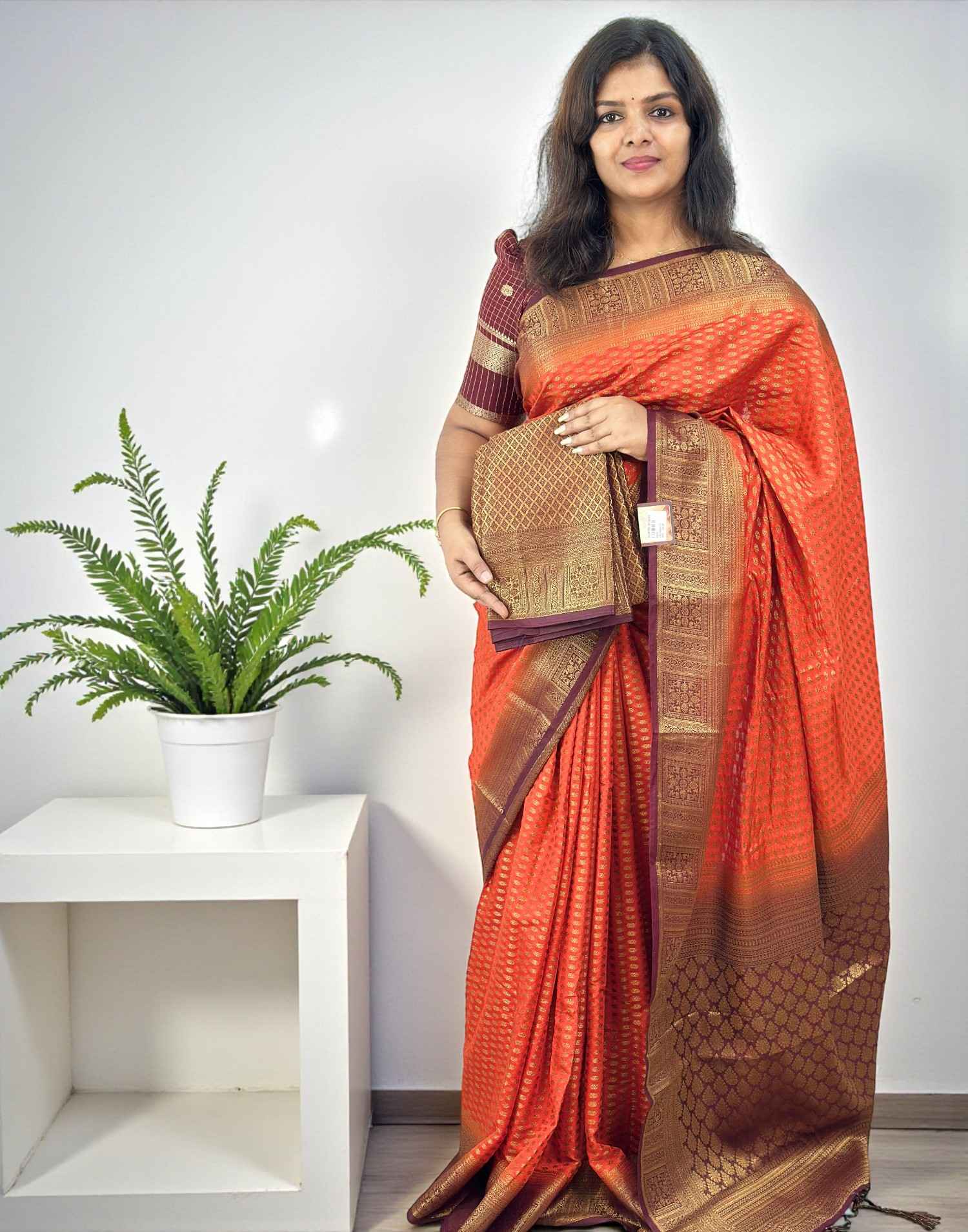 SAREE SEMI BANARASI ORANGE n PURPLE E6757 100226S - ELENTRA DESIGNS BY NIMI HEINS