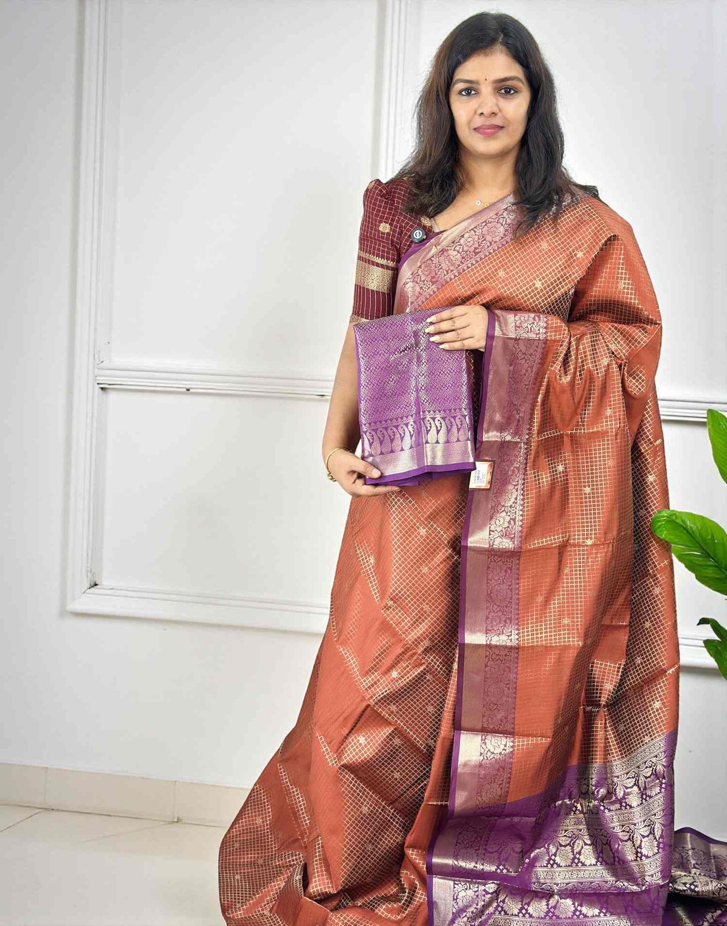 SAREE SEMI SILK RUST n PURPLE E6760 110226S - ELENTRA DESIGNS BY NIMI HEINS